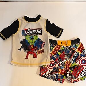 Dusney Marvel Avenger Kids Swim Rashguard & Shorts Set Multicolored Boys 4 EUC